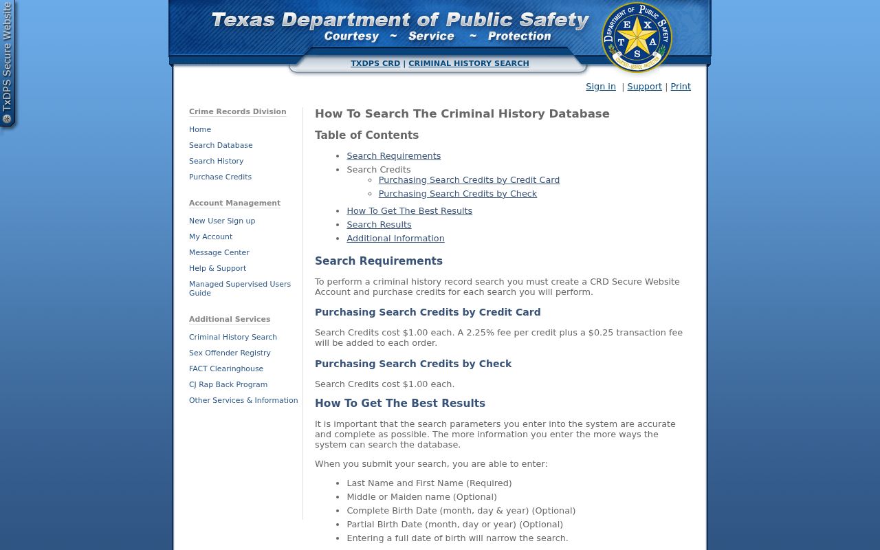 Texas DPS public criminal conviction search instructions