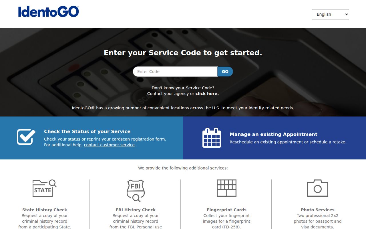 IdentoGO FAST fingerprint appointment entry page for Texas