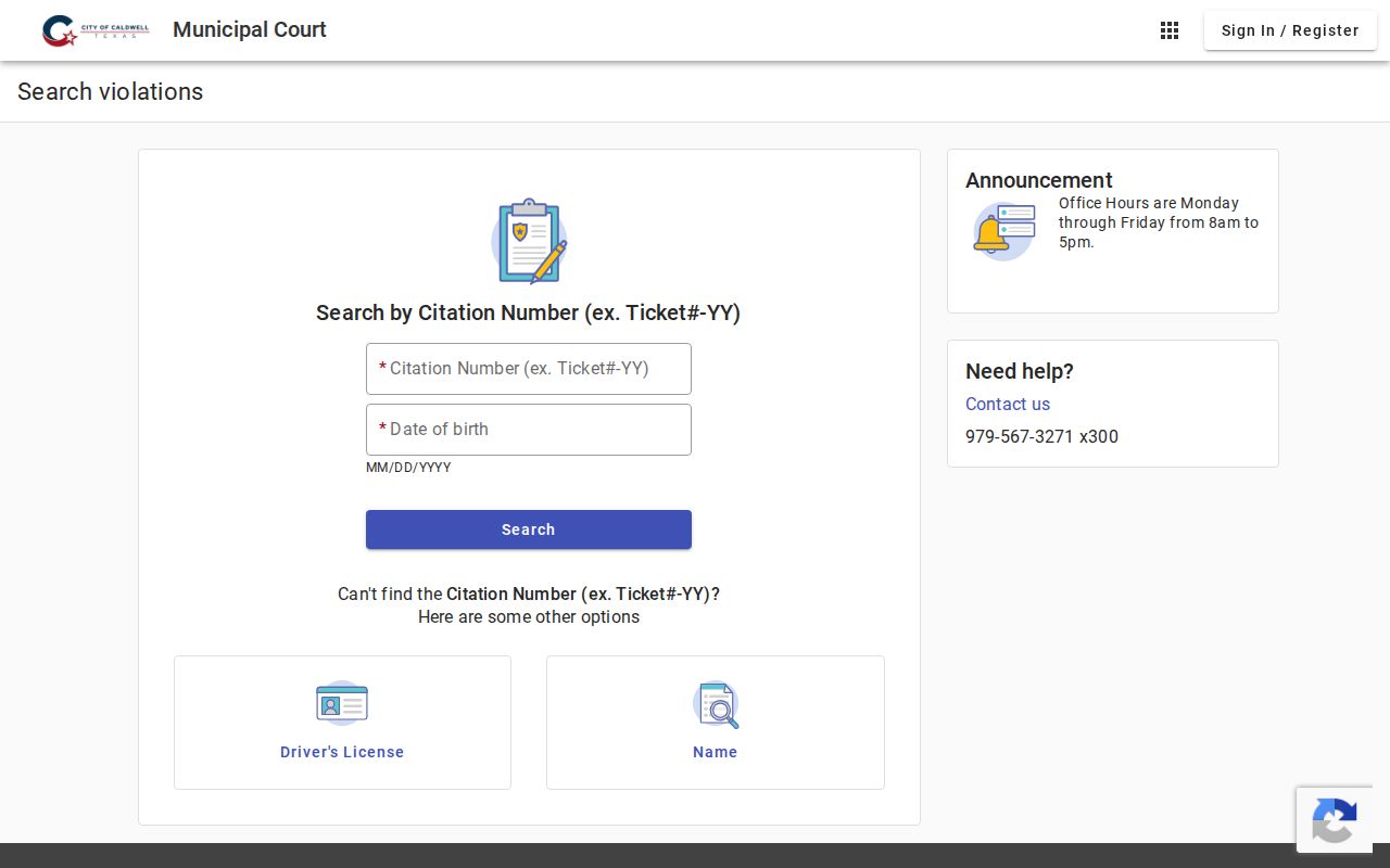 Caldwell Municipal Court citation search form for local violations