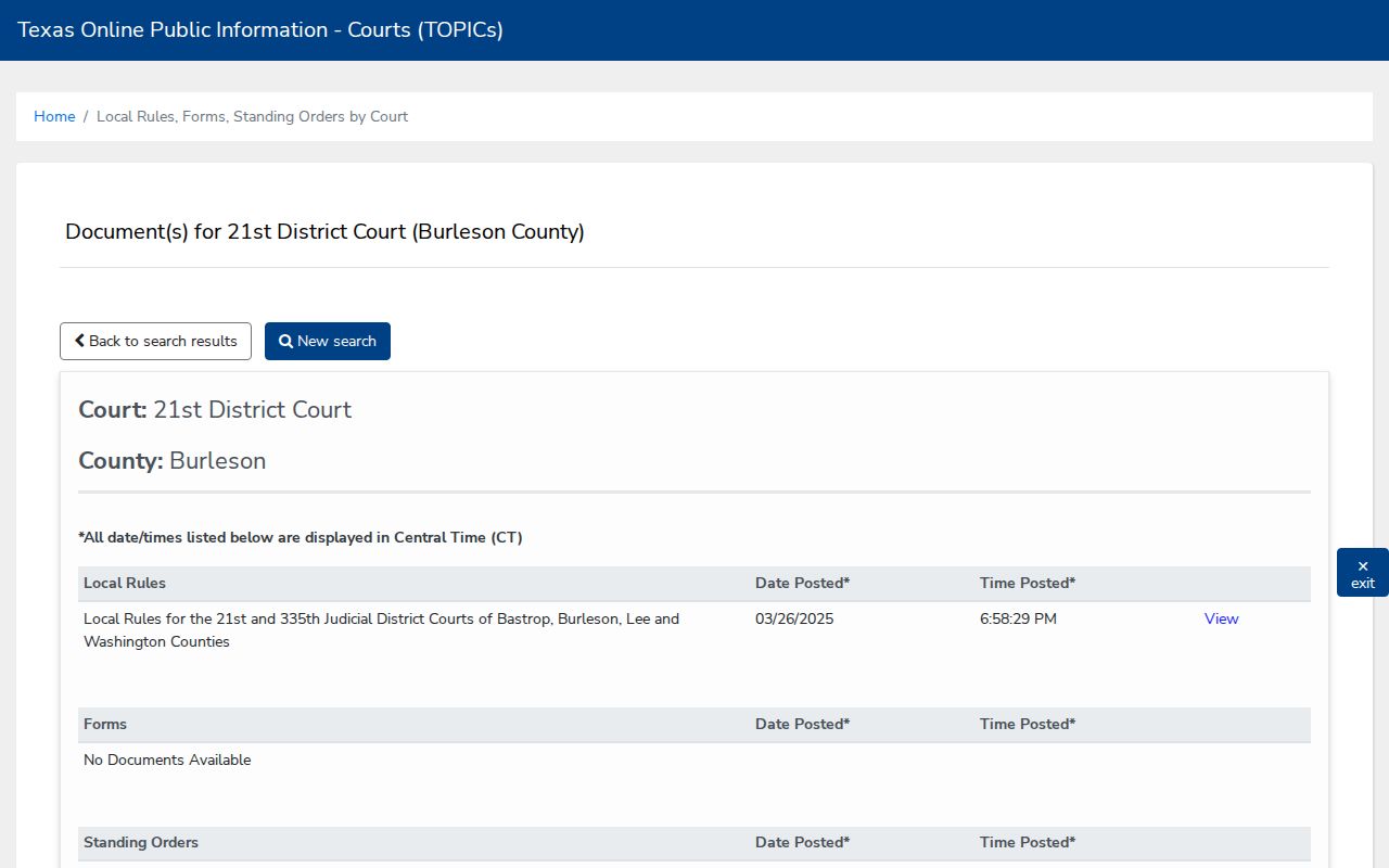 Burleson County criminal court history orders