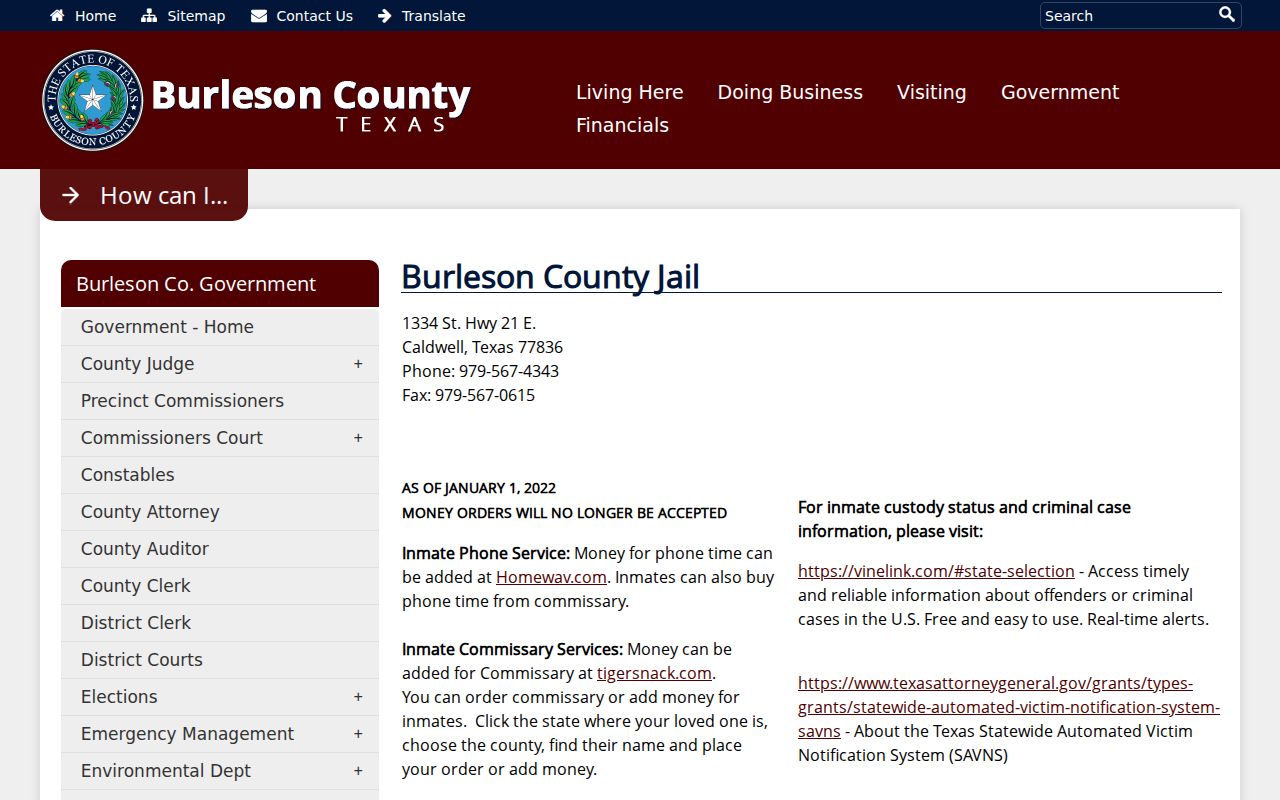 Burleson County criminal history jail information